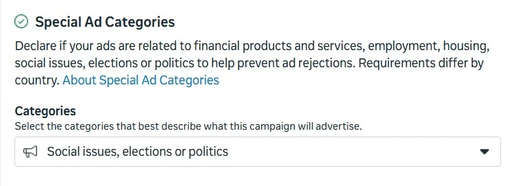 Meta Ads Manager Special Ad Categories section showing Social issues, elections or politics option
