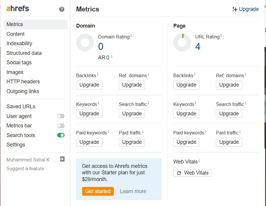 Ahrefs SEO Toolbar Chrome extension showing domain rating, URL rating, backlinks and search traffic metrics