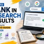 GEO SEO infographic: How to rank in AI search results in 2026. Key strategies include AI-first optimization, getting cited by AI, boosting visibility, building authority, question-based content, structured data, topical authority, clear answers, trust and credibility