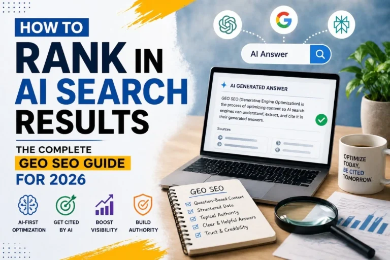 GEO SEO infographic: How to rank in AI search results in 2026. Key strategies include AI-first optimization, getting cited by AI, boosting visibility, building authority, question-based content, structured data, topical authority, clear answers, trust and credibility
