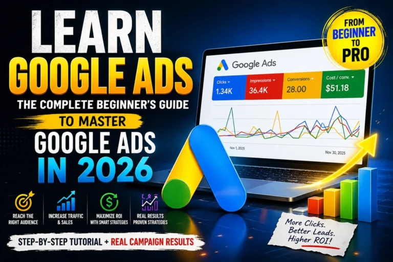 Learn Google Ads beginner guide 2026 showing campaign dashboard and digital marketing growth