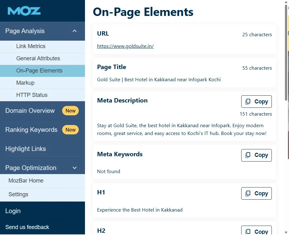MozBar Chrome extension showing on-page SEO elements including page title, meta description and headings
