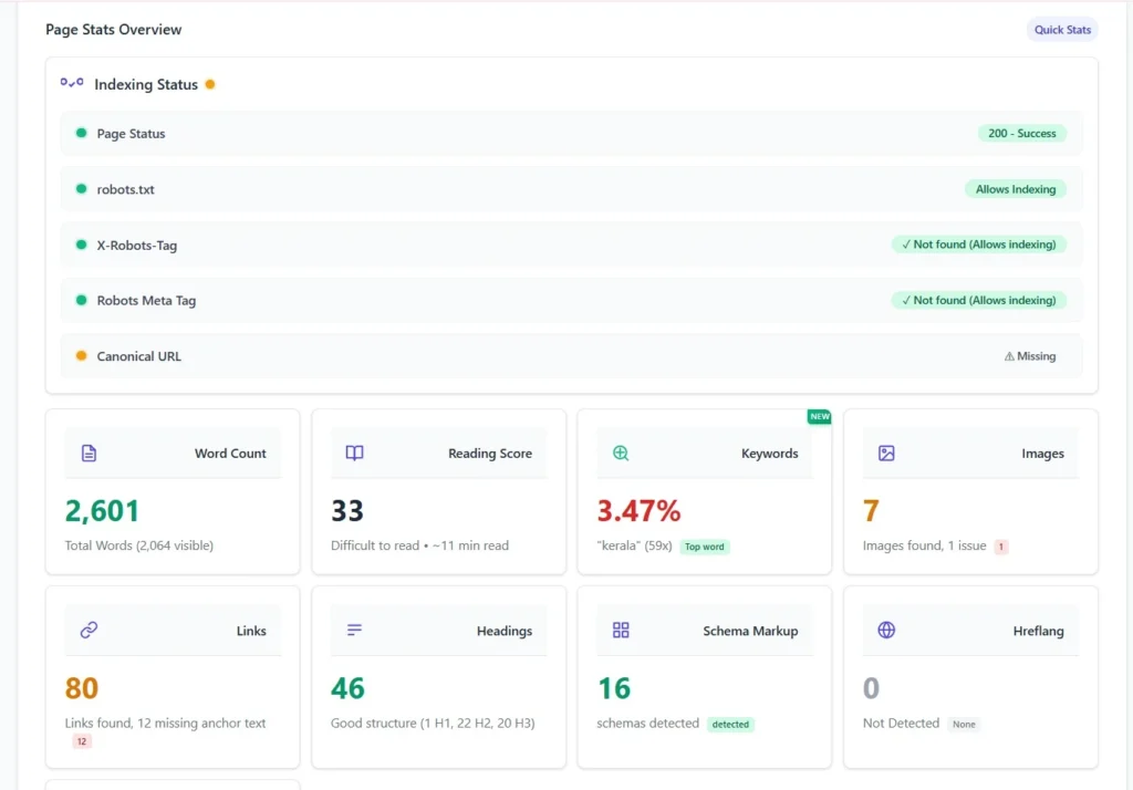 SEO Action Plan extension dashboard showing page stats, indexing status, keywords, schema markup and link analysis