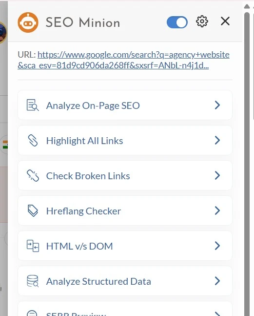 SEO Minion Chrome extension interface showing on-page SEO analysis, broken link checker and hreflang tools