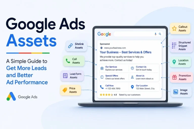 Google Ads Assets guide showing sitelink, call, lead form, location, and image assets for better ad performance and lead generation.