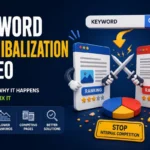 Keyword cannibalization in SEO showing competing web pages and ranking conflict