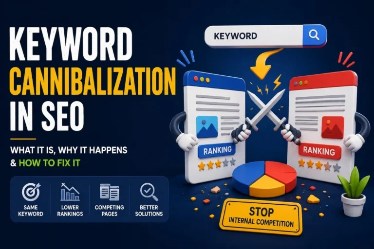 Keyword cannibalization in SEO showing competing web pages and ranking conflict