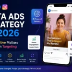 Meta Ads Strategy in 2026 featured image showing AI-powered advertising, broad targeting, creative-focused Meta ads, and Instagram-style ad creatives on a smartphone screen.