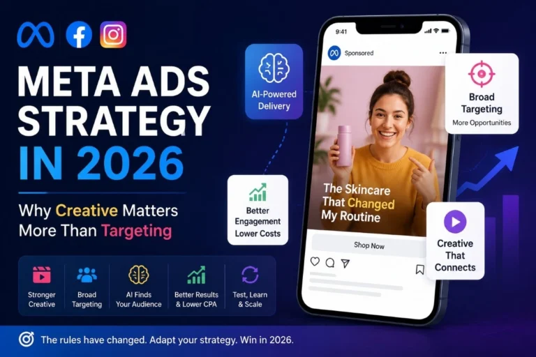 Meta Ads Strategy in 2026 featured image showing AI-powered advertising, broad targeting, creative-focused Meta ads, and Instagram-style ad creatives on a smartphone screen.