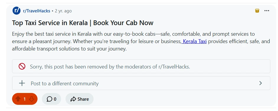 Example of a Reddit marketing post removed by moderators