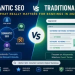 Semantic SEO vs Traditional SEO comparison showing modern SEO strategies, search intent, entities, and AI-powered search rankings in 2026