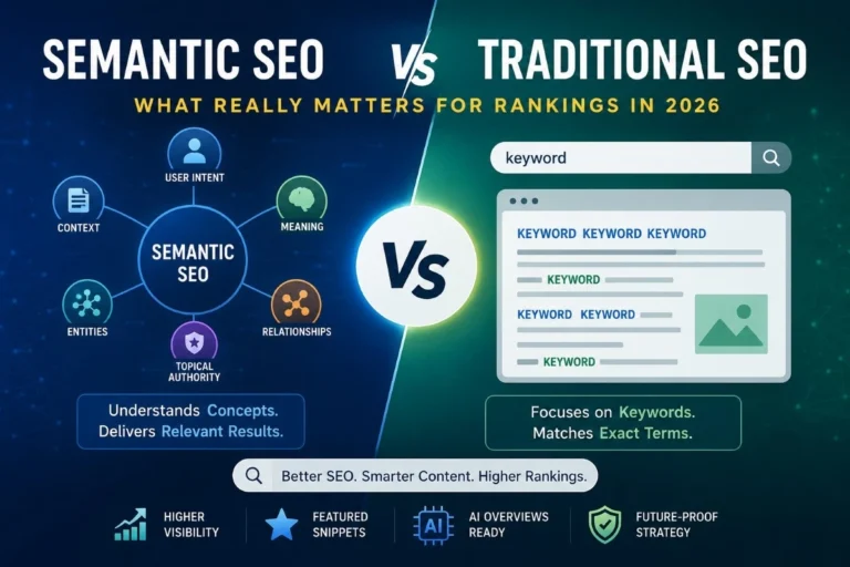Semantic SEO vs Traditional SEO comparison showing modern SEO strategies, search intent, entities, and AI-powered search rankings in 2026