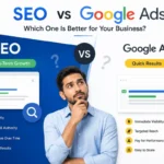 SEO vs Google Ads comparison featured image showing organic traffic, paid ads, business growth, and a visual comparison of long-term SEO and quick Google Ads results.