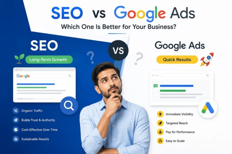 SEO vs Google Ads comparison featured image showing organic traffic, paid ads, business growth, and a visual comparison of long-term SEO and quick Google Ads results.