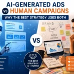 Comparison of AI-generated ads and human-created advertising campaigns showing AI automation, data analysis, creativity, storytelling, and marketing strategy.