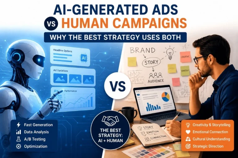 Comparison of AI-generated ads and human-created advertising campaigns showing AI automation, data analysis, creativity, storytelling, and marketing strategy.
