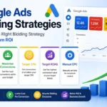Google Ads bidding strategies including Smart Bidding, Target CPA, Target ROAS, Maximize Conversions, and Manual CPC