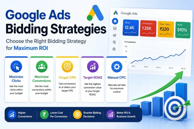 Google Ads bidding strategies including Smart Bidding, Target CPA, Target ROAS, Maximize Conversions, and Manual CPC