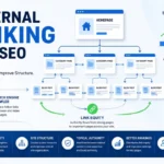 Internal linking for SEO showing website structure, topic clusters, link equity distribution, and search engine crawl paths