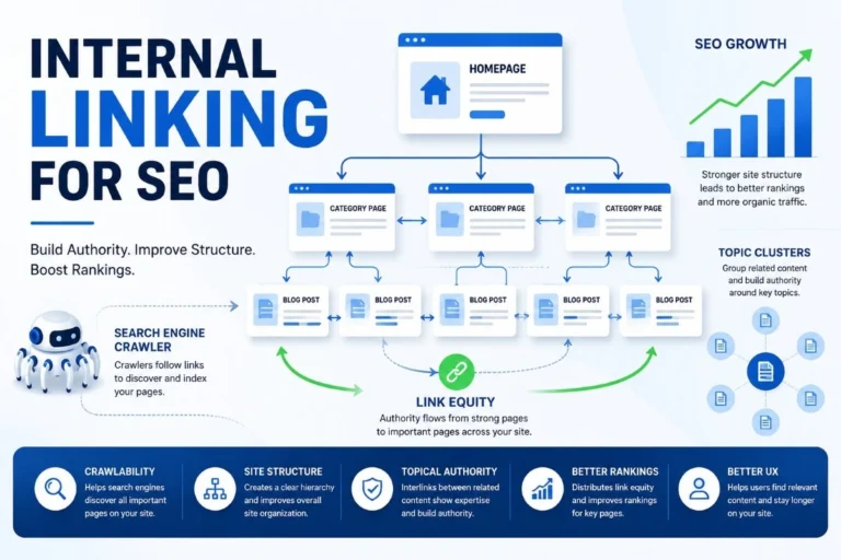 Internal linking for SEO showing website structure, topic clusters, link equity distribution, and search engine crawl paths