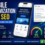 Mobile optimization for SEO showing mobile-friendly website, Core Web Vitals, page speed, and search ranking improvements