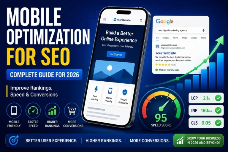 Mobile optimization for SEO showing mobile-friendly website, Core Web Vitals, page speed, and search ranking improvements