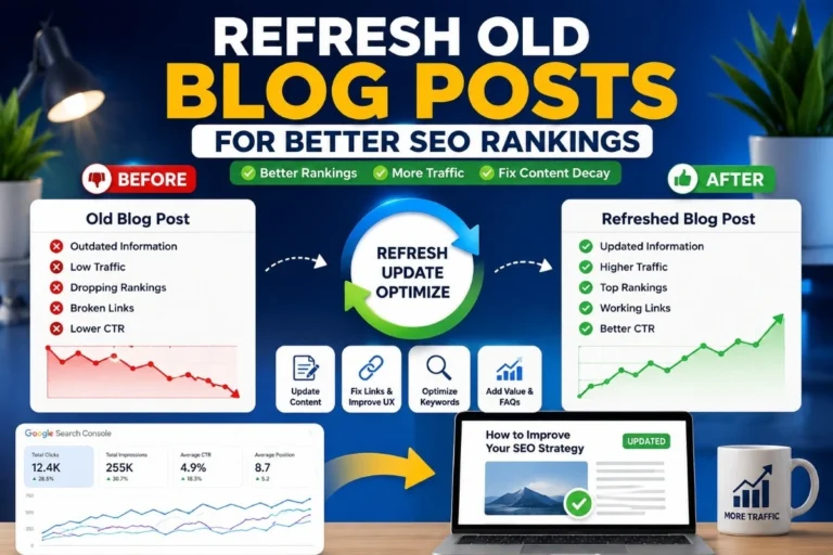 Refresh old blog posts for better SEO rankings by updating content, fixing links, improving CTR, and increasing organic traffic