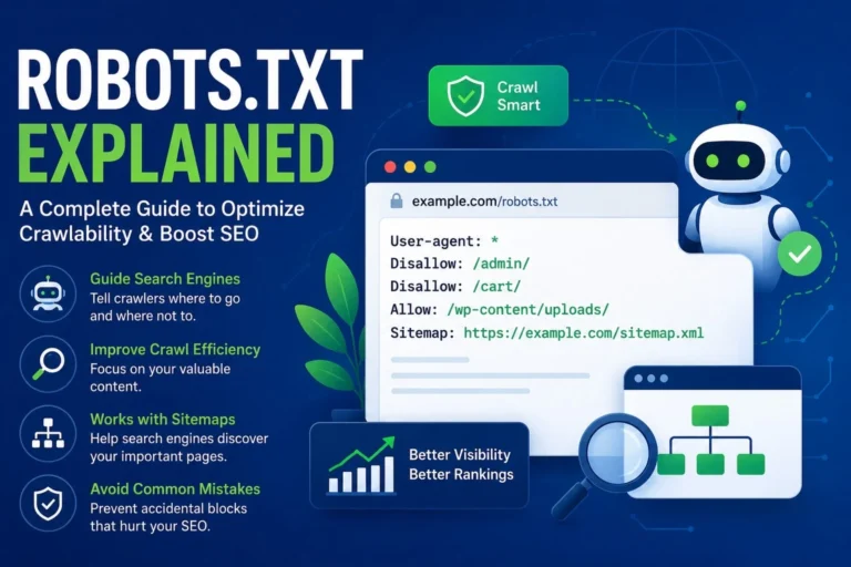 Illustration explaining Robots.txt file, crawlability, and technical SEO best practices for search engine optimization