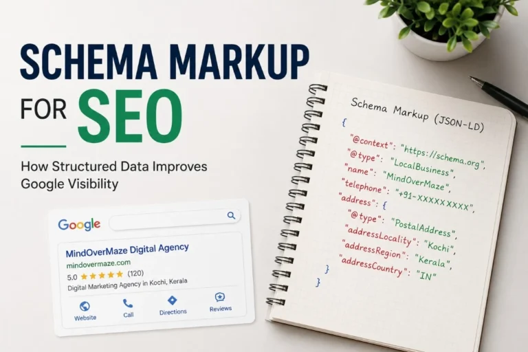Schema Markup for SEO showing structured data and Google visibility improvement