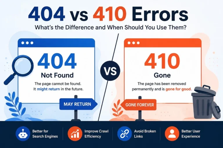 Infographic comparing 404 vs 410 errors, explaining when to use each HTTP status code for better SEO, crawl efficiency, and user experience.