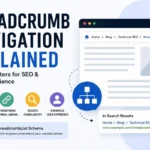 Illustration explaining breadcrumb navigation in SEO, showing a website hierarchy, internal linking, BreadcrumbList schema, and improved crawlability for search engines.