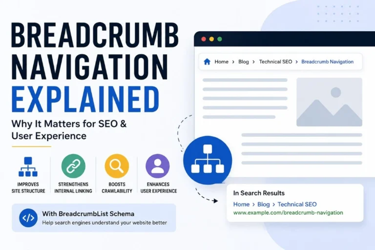 Illustration explaining breadcrumb navigation in SEO, showing a website hierarchy, internal linking, BreadcrumbList schema, and improved crawlability for search engines.