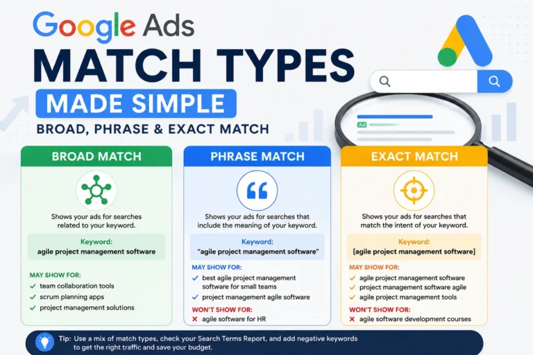 Google Ads Match Types explained with Broad Match, Phrase Match, and Exact Match examples
