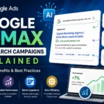 Google AI Max for Search Campaigns infographic showing AI-powered Search Term Matching, Text Customization, Final URL Expansion, Smart Bidding, and performance optimization in Google Ads.