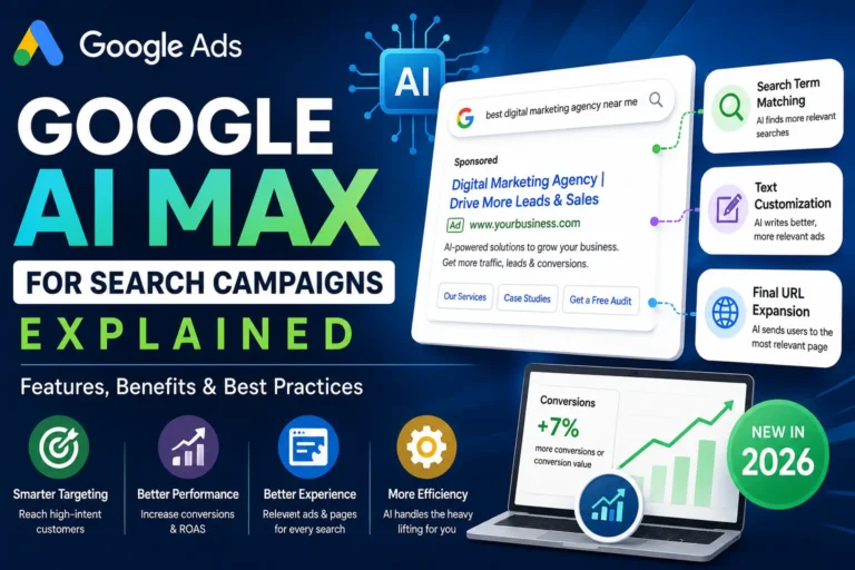 Google AI Max for Search Campaigns infographic showing AI-powered Search Term Matching, Text Customization, Final URL Expansion, Smart Bidding, and performance optimization in Google Ads.