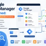 Illustration of Google Tag Manager demonstrating how tags, triggers, and variables work together to simplify website tracking and analytics.