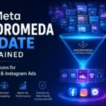 Meta Andromeda Update infographic showing the AI-powered ad retrieval process for Facebook and Instagram Ads using Meta Pixel, Conversions API, and Advantage+.