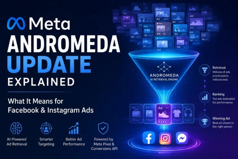 Meta Andromeda Update infographic showing the AI-powered ad retrieval process for Facebook and Instagram Ads using Meta Pixel, Conversions API, and Advantage+.