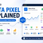 Meta Pixel dashboard illustrating website conversion tracking, event monitoring, audience building, and Meta Ads performance optimization.
