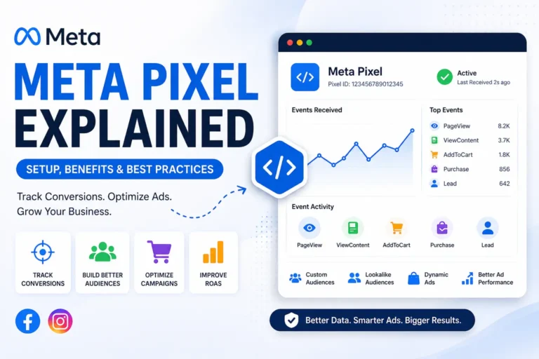 Meta Pixel dashboard illustrating website conversion tracking, event monitoring, audience building, and Meta Ads performance optimization.
