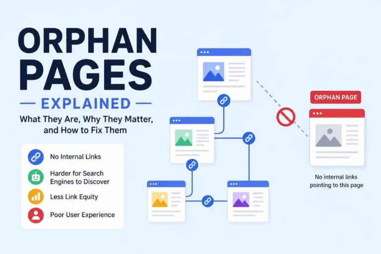 Illustration explaining orphan pages in SEO, showing an isolated webpage with no internal links and its impact on crawlability and rankings.