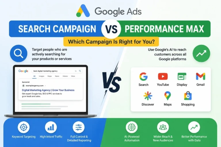 Comparison of Google Ads Search Campaign and Performance Max highlighting their key differences, targeting, and best use cases.