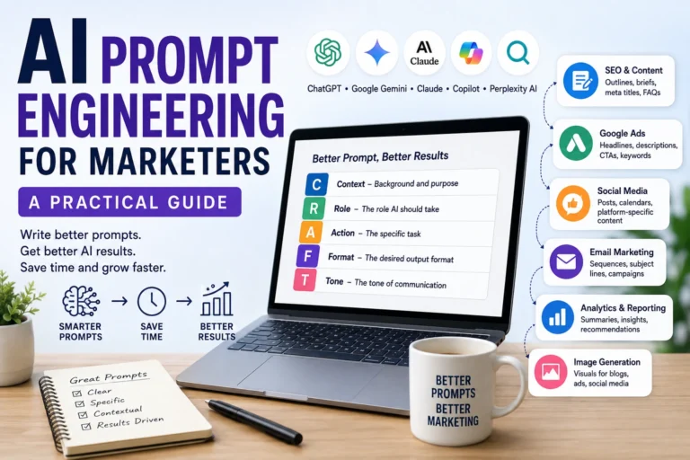 AI Prompt Engineering for Marketers guide featuring the CRAFT framework, AI prompt examples, ChatGPT, Google Gemini, and digital marketing workflows.