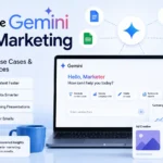 Google Gemini for Marketing dashboard showing AI-powered content creation, Google Workspace integration, Google Ads features, and marketing productivity tools.