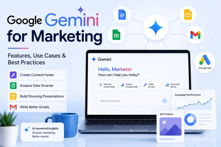 Google Gemini for Marketing dashboard showing AI-powered content creation, Google Workspace integration, Google Ads features, and marketing productivity tools.