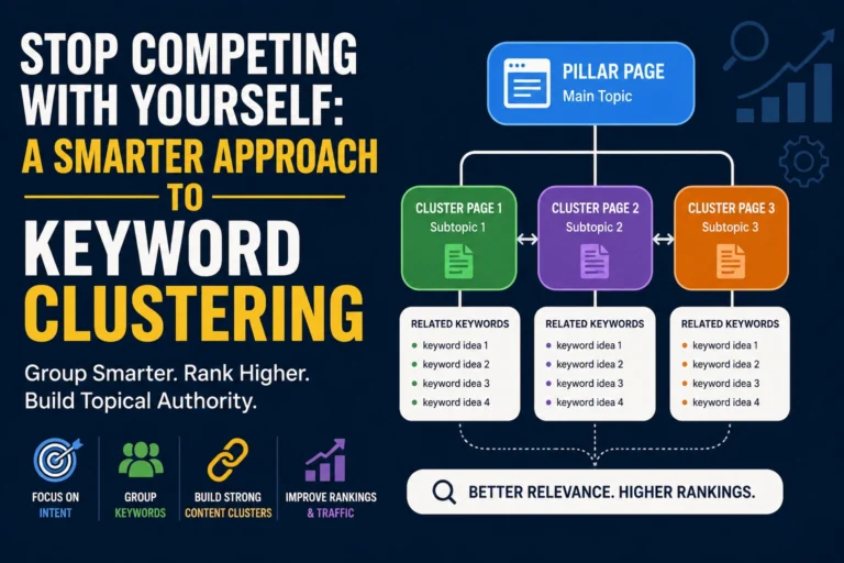 Keyword Clustering guide showing how to group related keywords by search intent to improve SEO and build topical authority