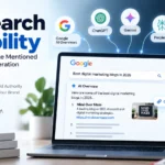 AI search visibility illustration showing a website being mentioned and cited in AI-powered search results.