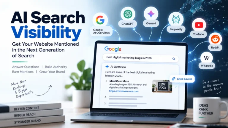 AI search visibility illustration showing a website being mentioned and cited in AI-powered search results.