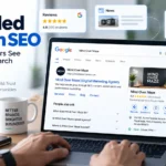 Branded Search SEO illustration showing what customers see when they search for a brand on Google, including reviews, videos, social media, and AI results.