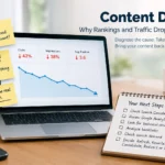 Content decay SEO illustration showing declining search rankings and organic traffic with options to refresh, rewrite, consolidate, redirect, or remove content.